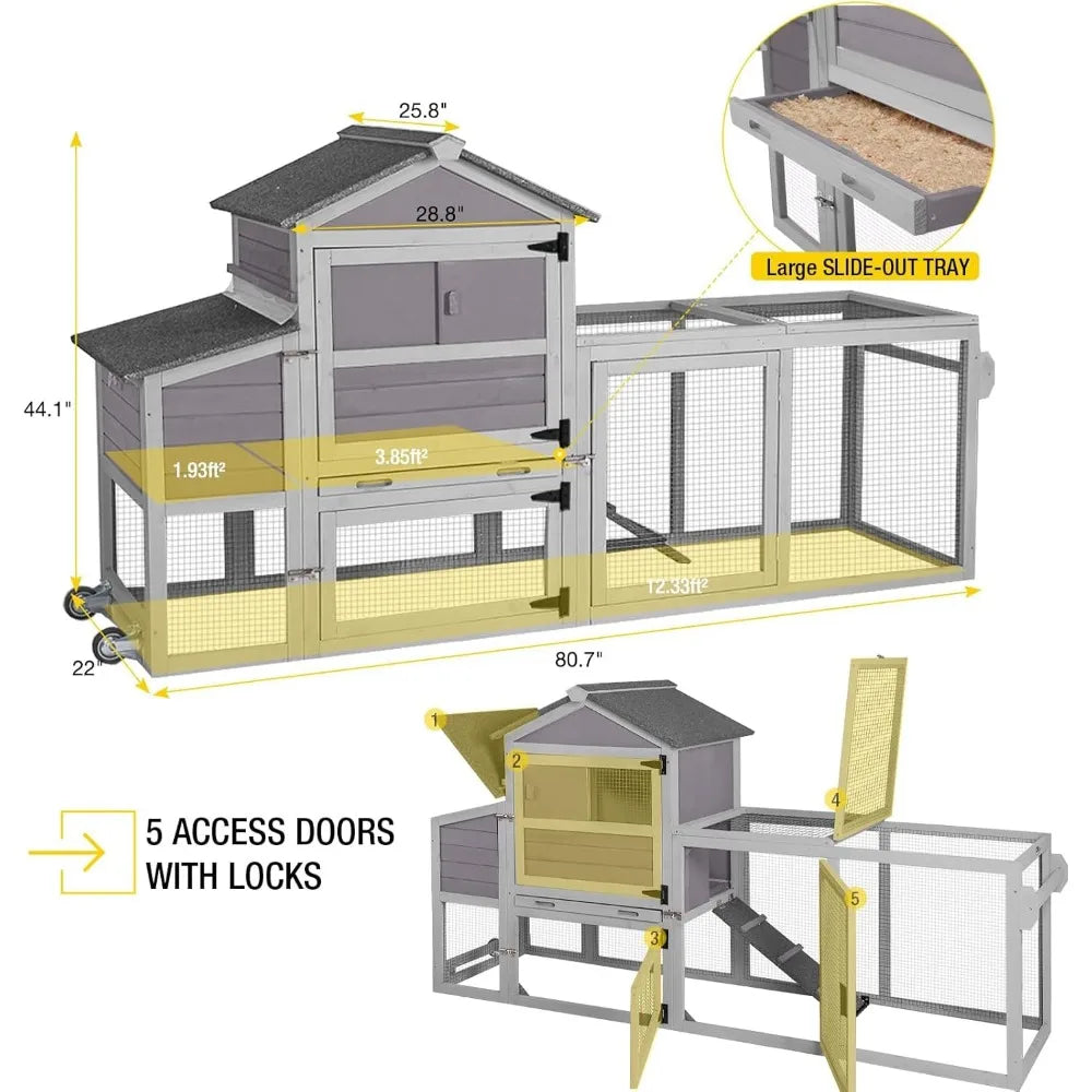 Chicken Coop Expandable Mobile Chicken House for Outdoor with Wheels, Nesting Box